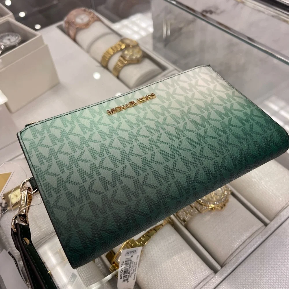 MICHAEL KORS Jet Set Lg Ombré Signature Logo Double Zip Wristlet Wallet  Moss